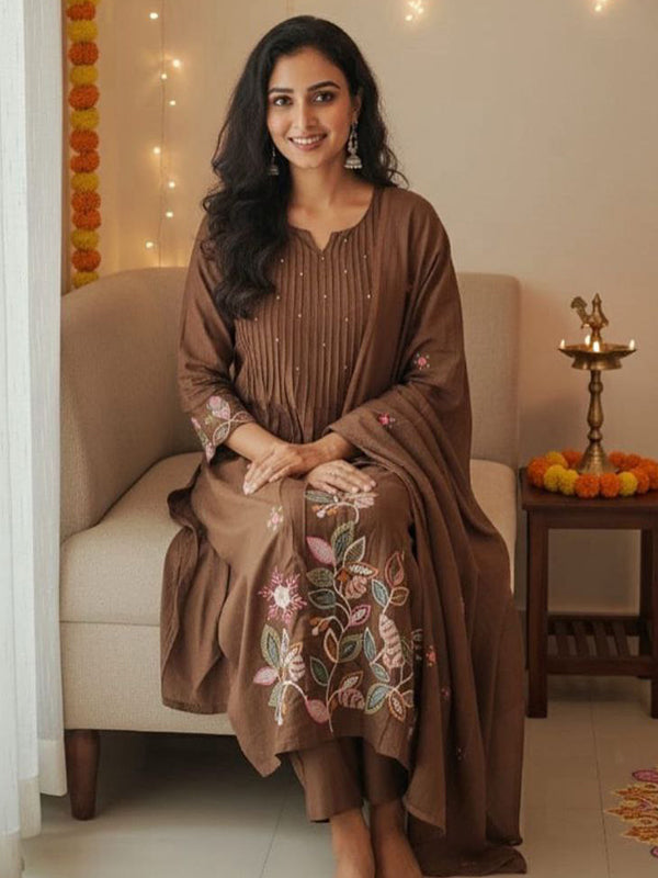 Brown Embroidery Work Pure Cotton Kurti Pant With Dupatta