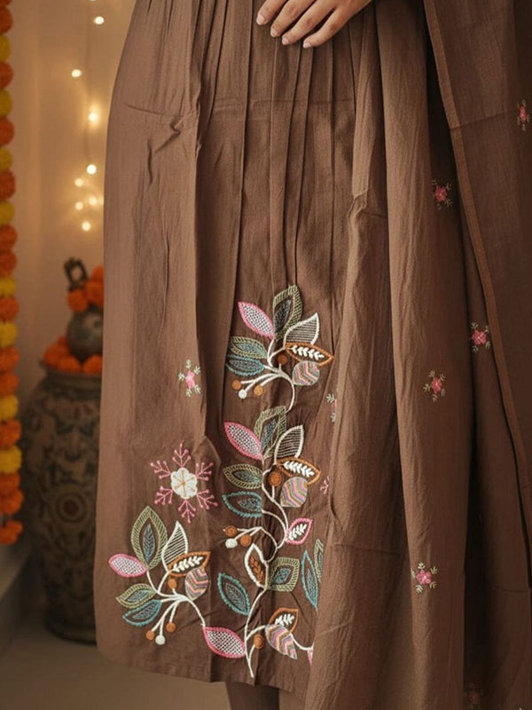 Brown Embroidery Work Pure Cotton Kurti Pant With Dupatta