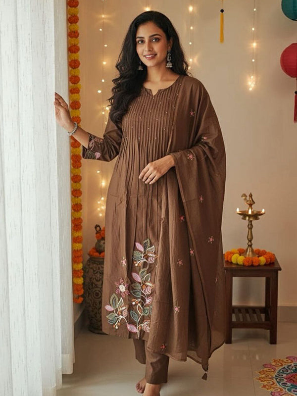 Brown Embroidery Work Pure Cotton Kurti Pant With Dupatta