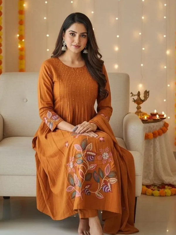 Orange Embroidery Work Pure Cotton Kurti Pant With Dupatta