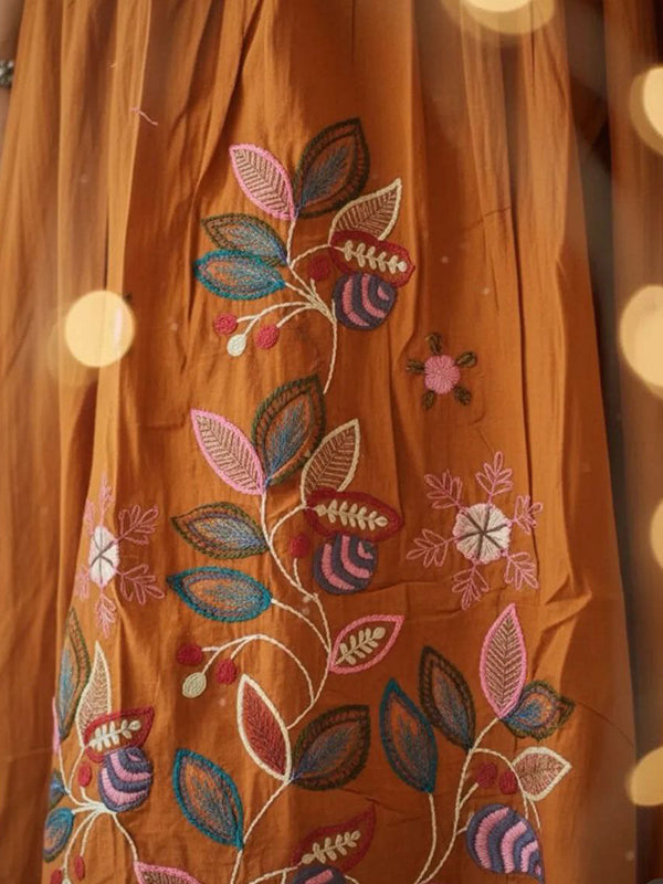 Orange Embroidery Work Pure Cotton Kurti Pant With Dupatta