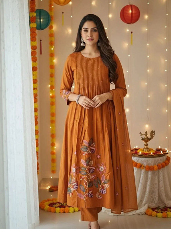 Orange Embroidery Work Pure Cotton Kurti Pant With Dupatta