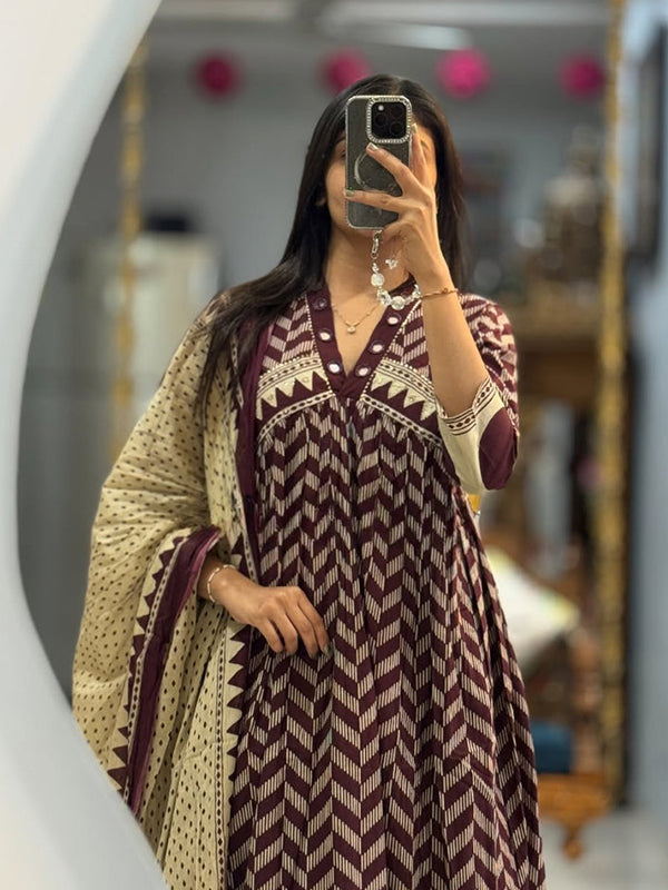 Wine Cotton Embroidery Work Printed Kurti Pant With Dupatta