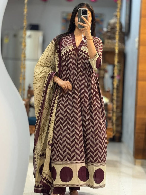 Wine Cotton Embroidery Work Printed Kurti Pant With Dupatta