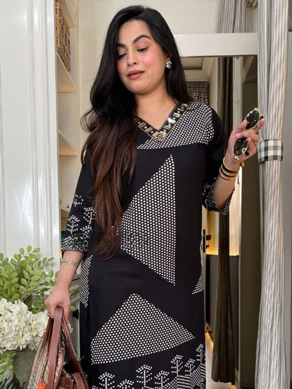 Black Slub Cotton Mirror Work Co-ord Set