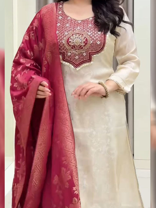 White With Pink Banarasi Weaving Kurti Pant With Dupatta