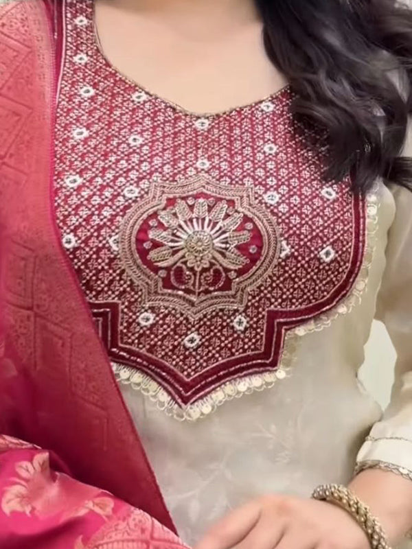 White With Pink Banarasi Weaving Kurti Pant With Dupatta