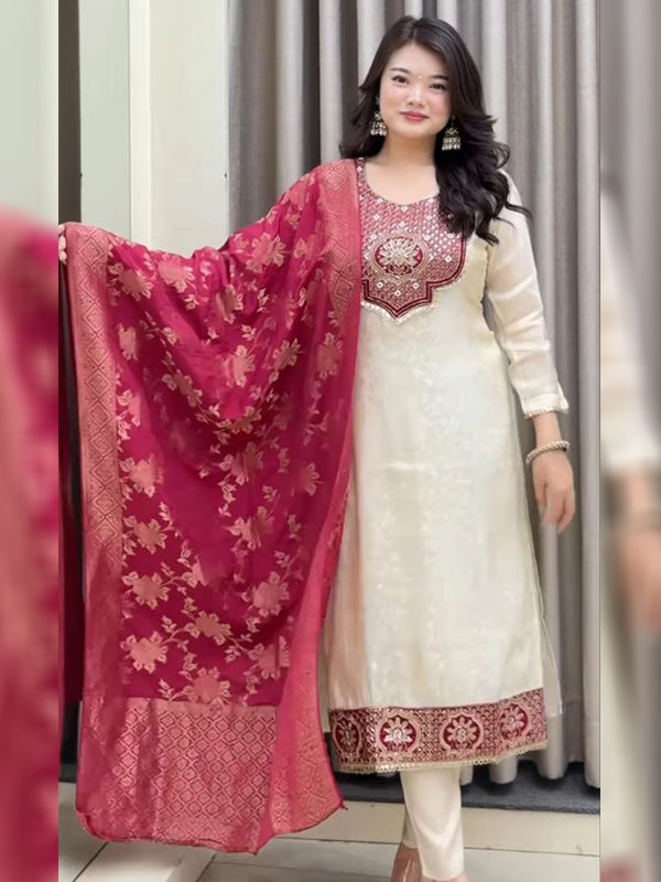 White With Pink Banarasi Weaving Kurti Pant With Dupatta