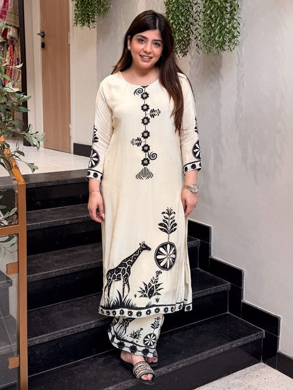 Off White Beads Work Detailed Mulberry Silk Printed Co-ord Set