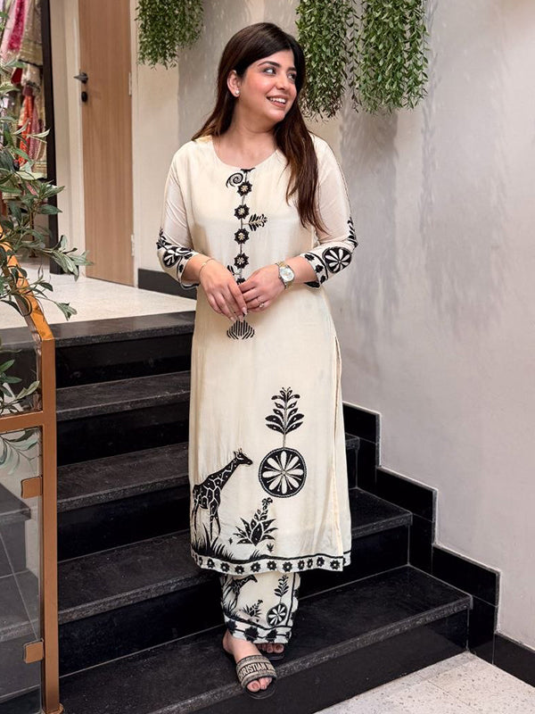 Off White Beads Work Detailed Mulberry Silk Printed Co-ord Set