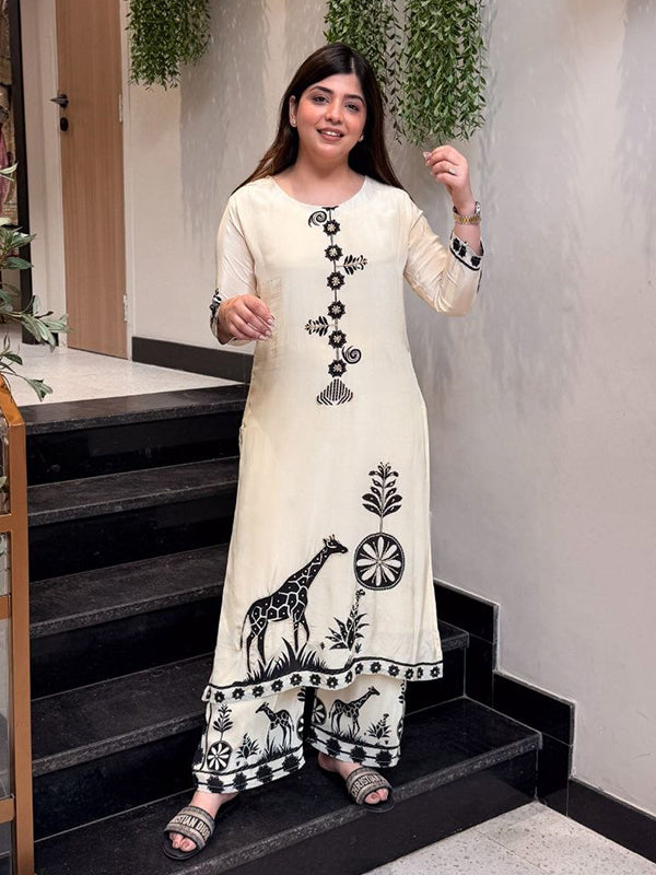 Off White Beads Work Detailed Mulberry Silk Printed Co-ord Set