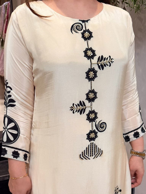 Off White Beads Work Detailed Mulberry Silk Printed Co-ord Set
