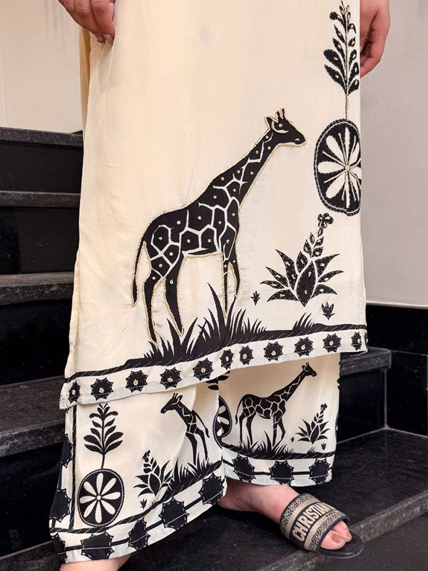 Off White Beads Work Detailed Mulberry Silk Printed Co-ord Set