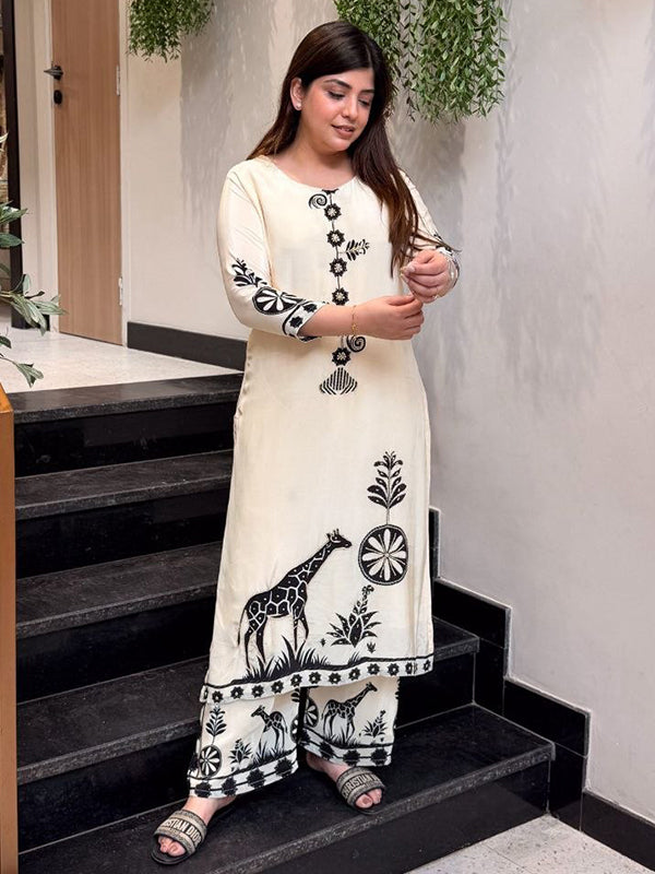 Off White Beads Work Detailed Mulberry Silk Printed Co-ord Set