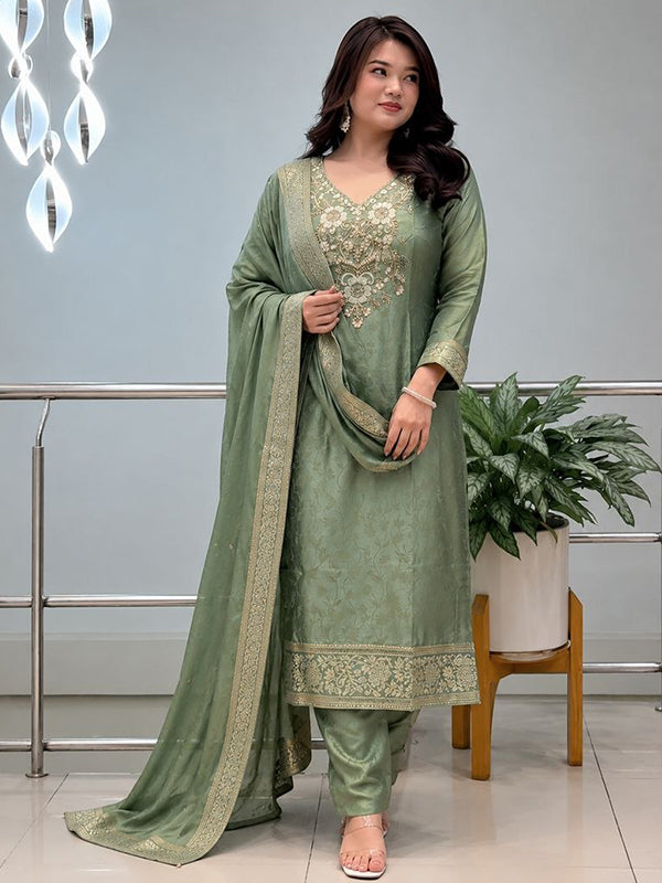 Pista Green Hand Work Neck Banarasi Weaving Kurti Pant With Dupatta