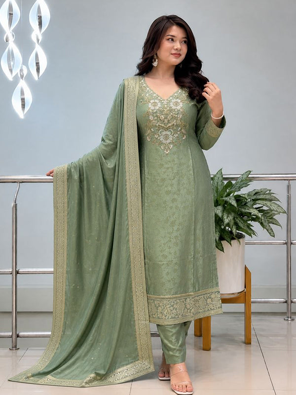 Pista Green Hand Work Neck Banarasi Weaving Kurti Pant With Dupatta