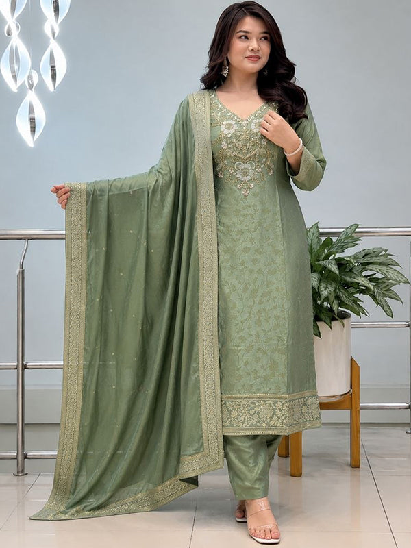 Pista Green Hand Work Neck Banarasi Weaving Kurti Pant With Dupatta