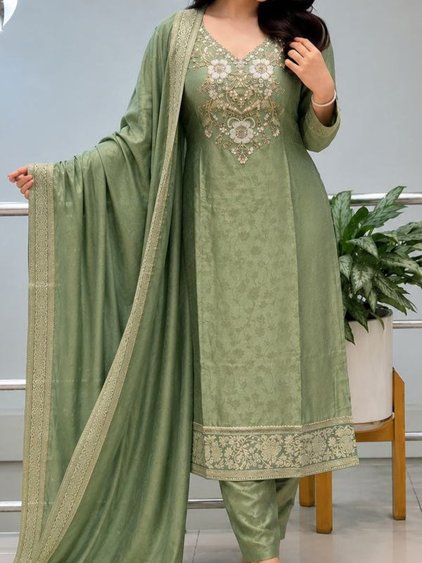 Pista Green Hand Work Neck Banarasi Weaving Kurti Pant With Dupatta