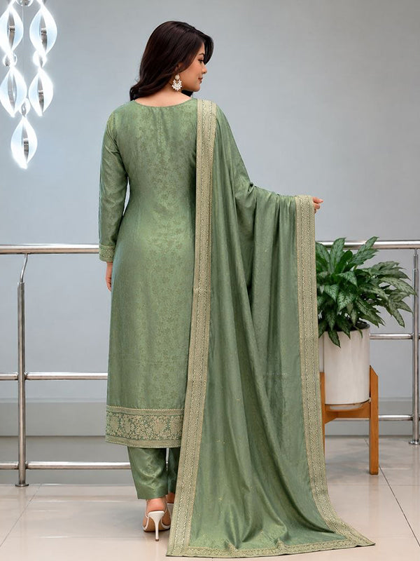 Pista Green Hand Work Neck Banarasi Weaving Kurti Pant With Dupatta