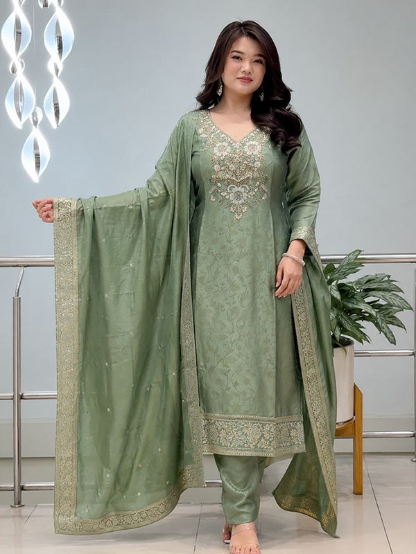 Pista Green Hand Work Neck Banarasi Weaving Kurti Pant With Dupatta