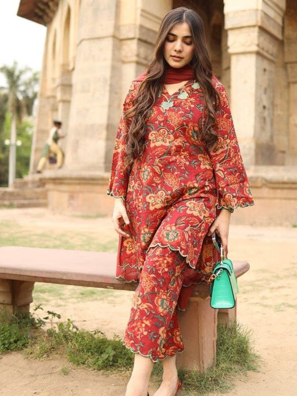 Red Printed Cotton Kurti Pant With Kotadoria Dupatta
