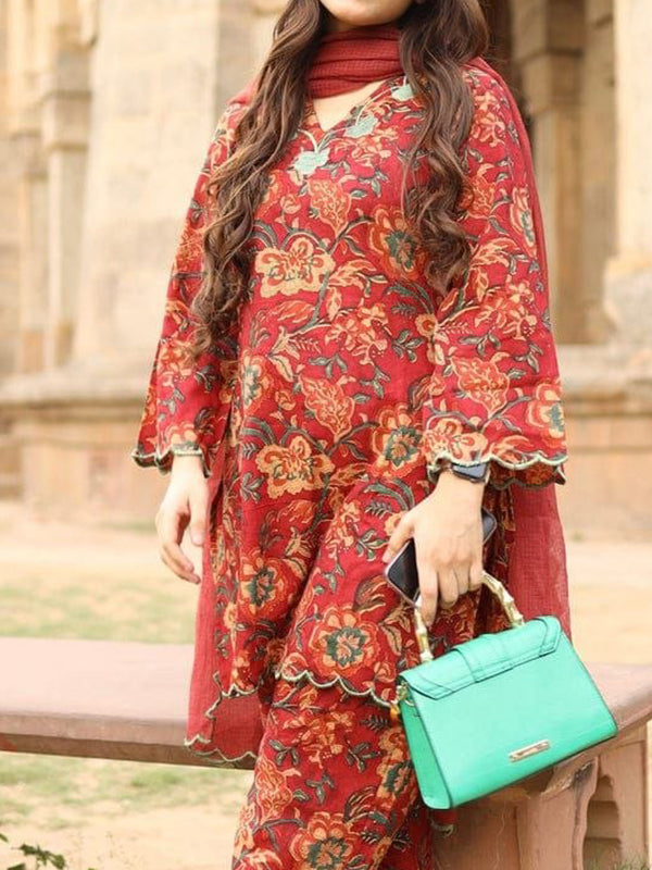 Red Printed Cotton Kurti Pant With Kotadoria Dupatta