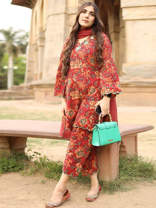 Red Printed Cotton Kurti Pant With Kotadoria Dupatta