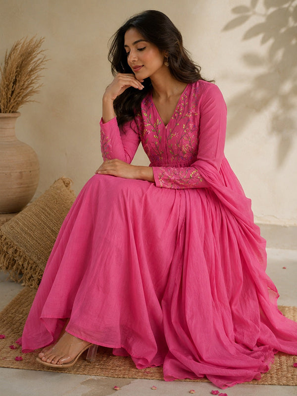 Janhvi Kapoor Inspired Pink Mal Chanderi Top Pant & Dupatta Set