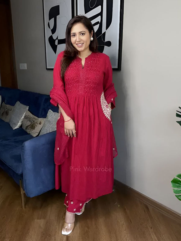 Red Hand Buti Work Neck Kurti Pant With Dupatta