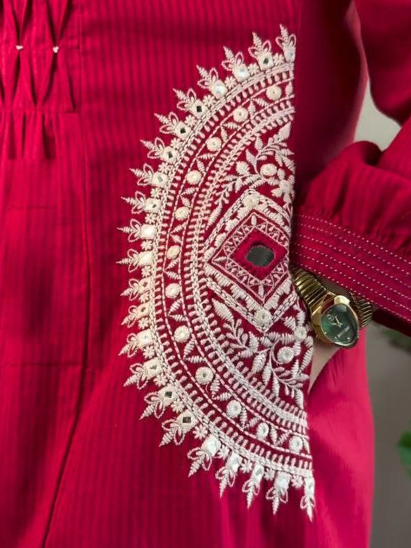 Red Hand Buti Work Neck Kurti Pant With Dupatta