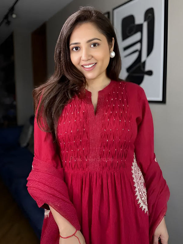 Red Hand Buti Work Neck Kurti Pant With Dupatta