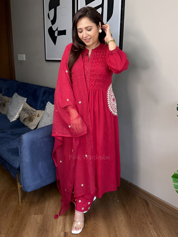 Red Hand Buti Work Neck Kurti Pant With Dupatta