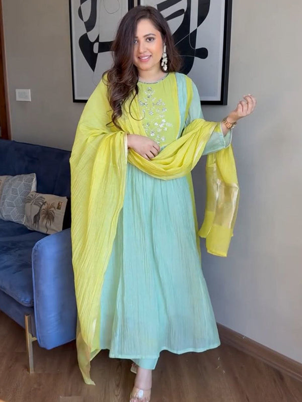 Sky Blue Zari Weaving Mul Chanderi Anarkali Suit Set With Lime dupatta