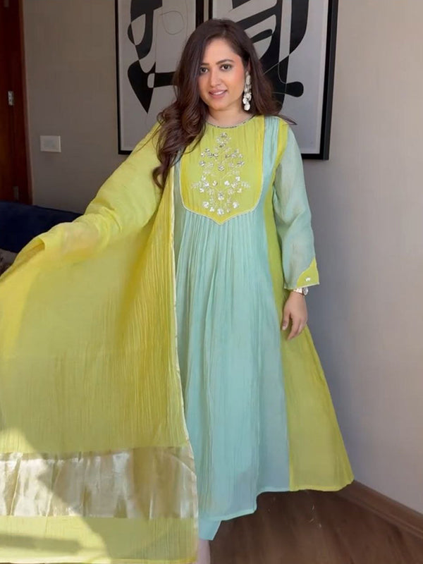 Sky Blue Zari Weaving Mul Chanderi Anarkali Suit Set With Lime dupatta