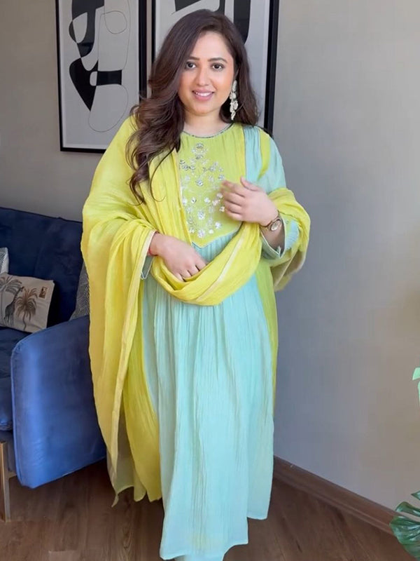 Sky Blue Zari Weaving Mul Chanderi Anarkali Suit Set With Lime dupatta