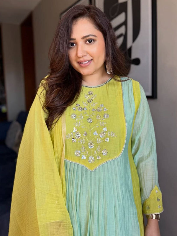 Sky Blue Zari Weaving Mul Chanderi Anarkali Suit Set With Lime dupatta