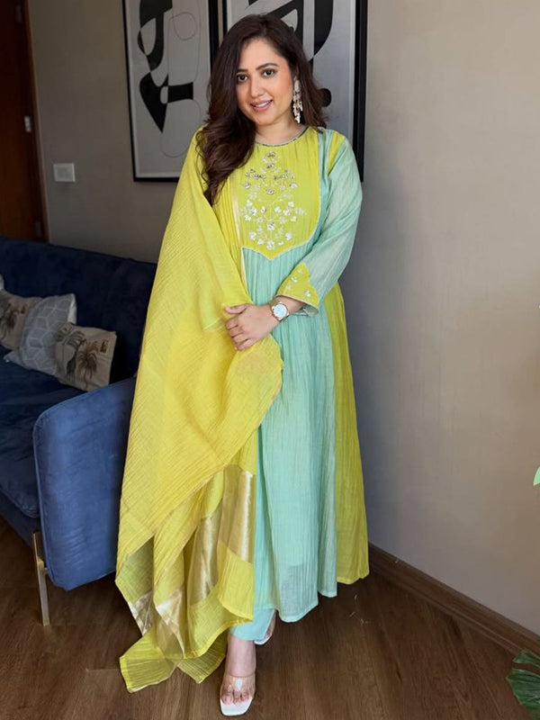 Sky Blue Zari Weaving Mul Chanderi Anarkali Suit Set With Lime dupatta