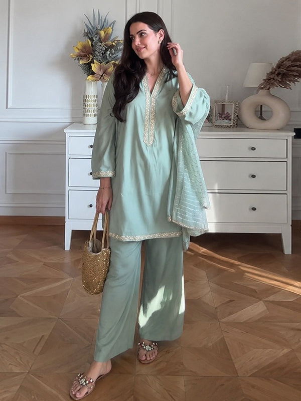 Sea Green Banana Silk Top Plazzo With Jacquard Weaving Dupatta