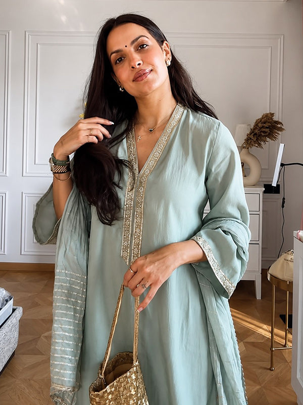 Sea Green Banana Silk Top Plazzo With Jacquard Weaving Dupatta