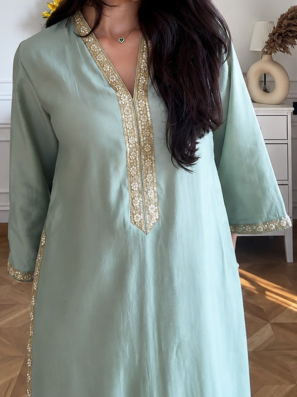 Sea Green Banana Silk Top Plazzo With Jacquard Weaving Dupatta