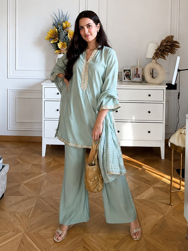 Sea Green Banana Silk Top Plazzo With Jacquard Weaving Dupatta