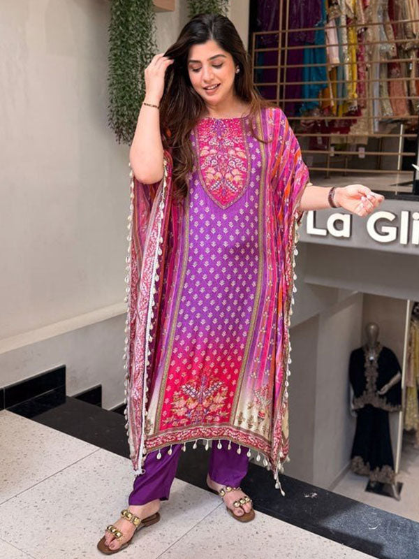 Purple Banana Silk Kaftan Set With Pant