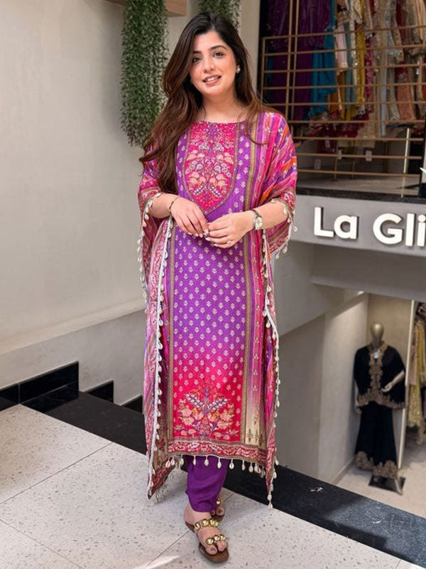 Purple Banana Silk Kaftan Set With Pant