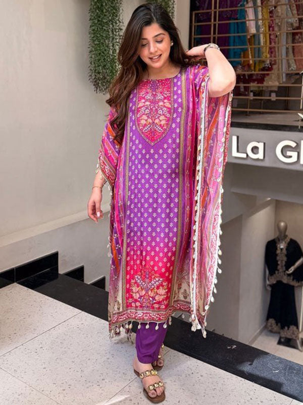 Purple Banana Silk Kaftan Set With Pant