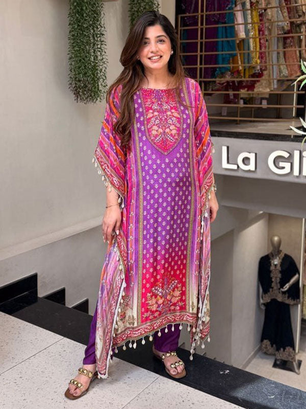 Purple Banana Silk Kaftan Set With Pant