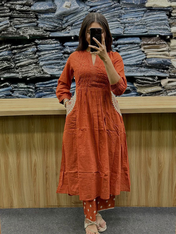 Orange Hand Buti Work Neck Kurti Pant With Dupatta