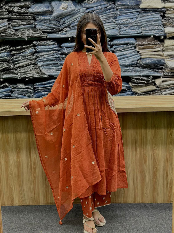 Orange Hand Buti Work Neck Kurti Pant With Dupatta