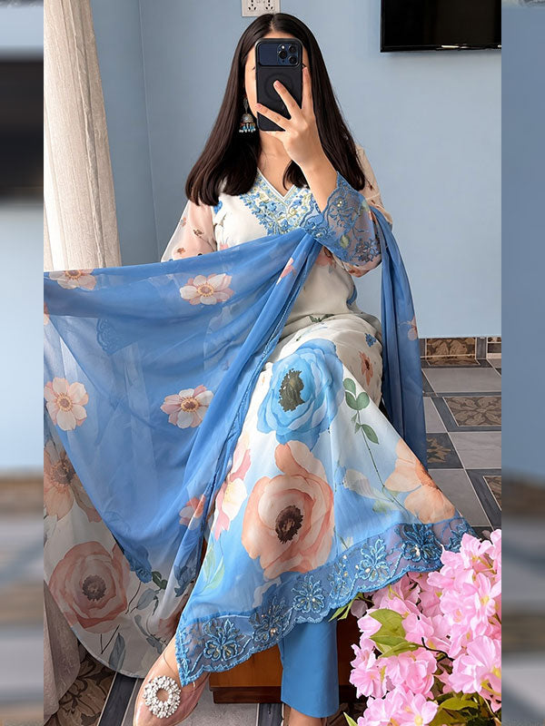 Blue Floral Chiffon Anarkali Kurti Pant With Dupatta