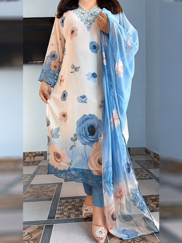 Blue Floral Chiffon Anarkali Kurti Pant With Dupatta