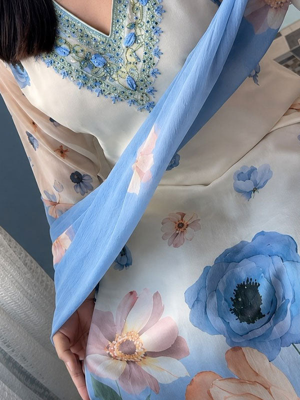 Blue Floral Chiffon Anarkali Kurti Pant With Dupatta